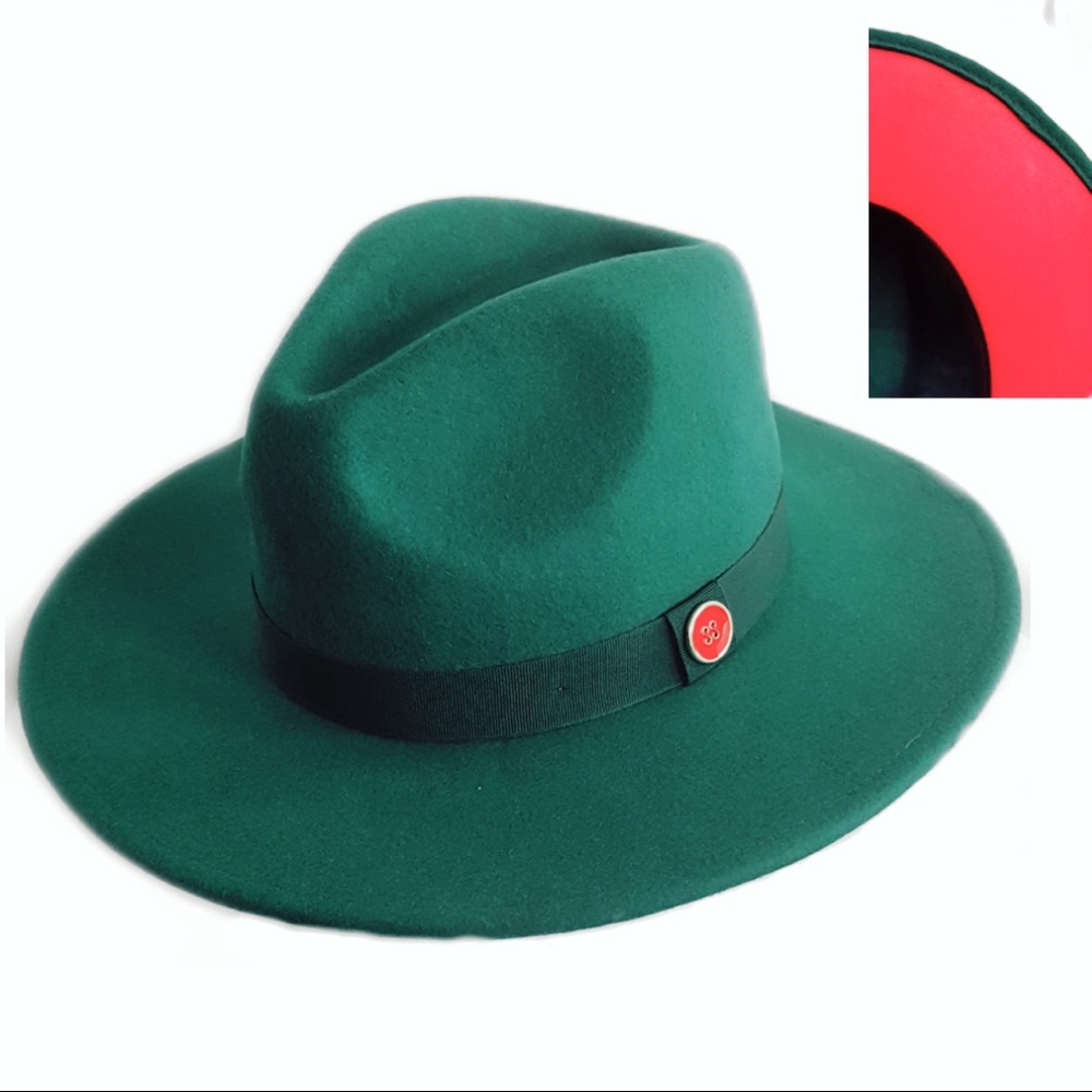 Wide Brim Wool Red Bottom Fedora - Green